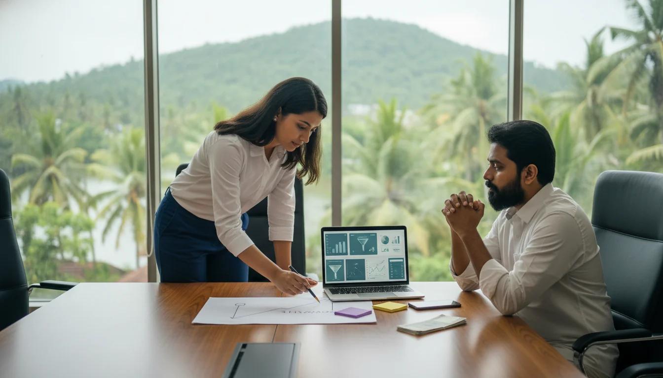 A marketing consultant and business owner in a Kerala office reviewing strategy charts and analytics before committing to ad spending.