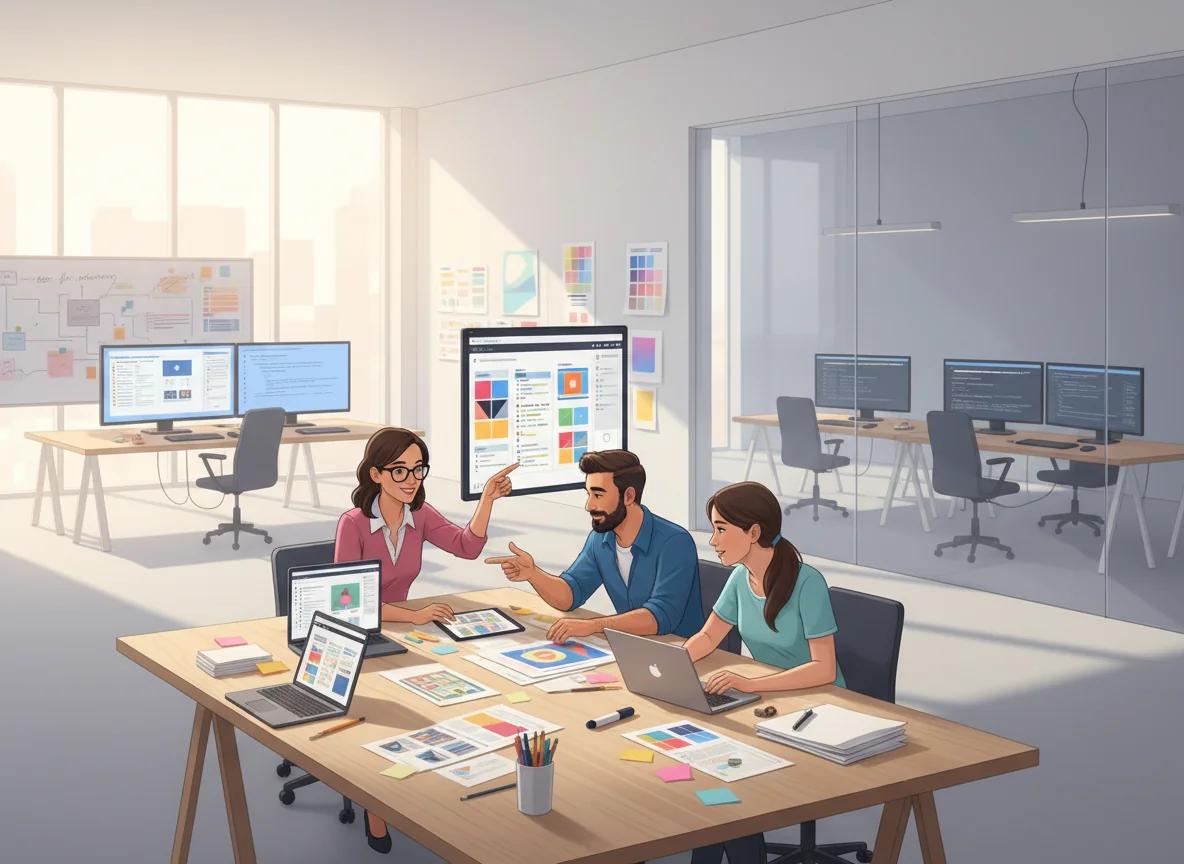 Team collaborating on UX and web design prototypes in an active studio space while empty developer desks and dim monitors sit unused in the background, symbolizing deferring development.
