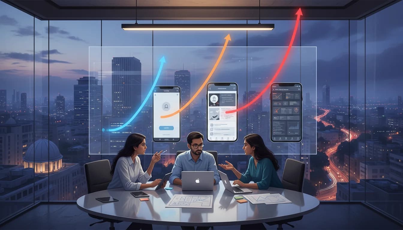 Indian tech professionals in a modern office overlooking a city skyline, reviewing different mobile app concepts and their increasing budget levels from simple MVP to complex enterprise platform.