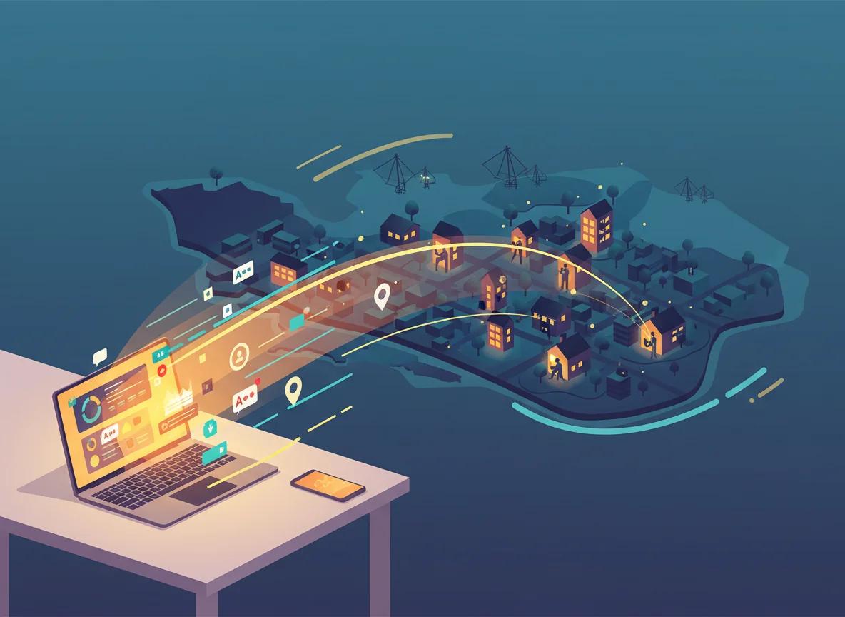 Illustrated scene of a digital marketer in a Kochi office viewing location-targeted ad performance on a screen, with glowing digital lines connecting their dashboard to nearby neighborhoods in the city outside the window.