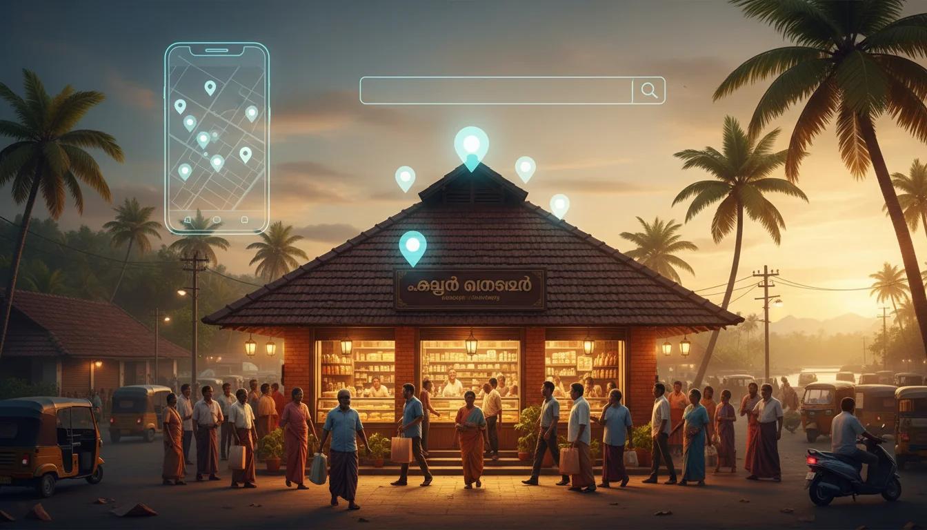 Kerala street shop filled with customers, overlaid with subtle digital map pins and search interface elements suggesting local SEO driving real-world foot traffic.