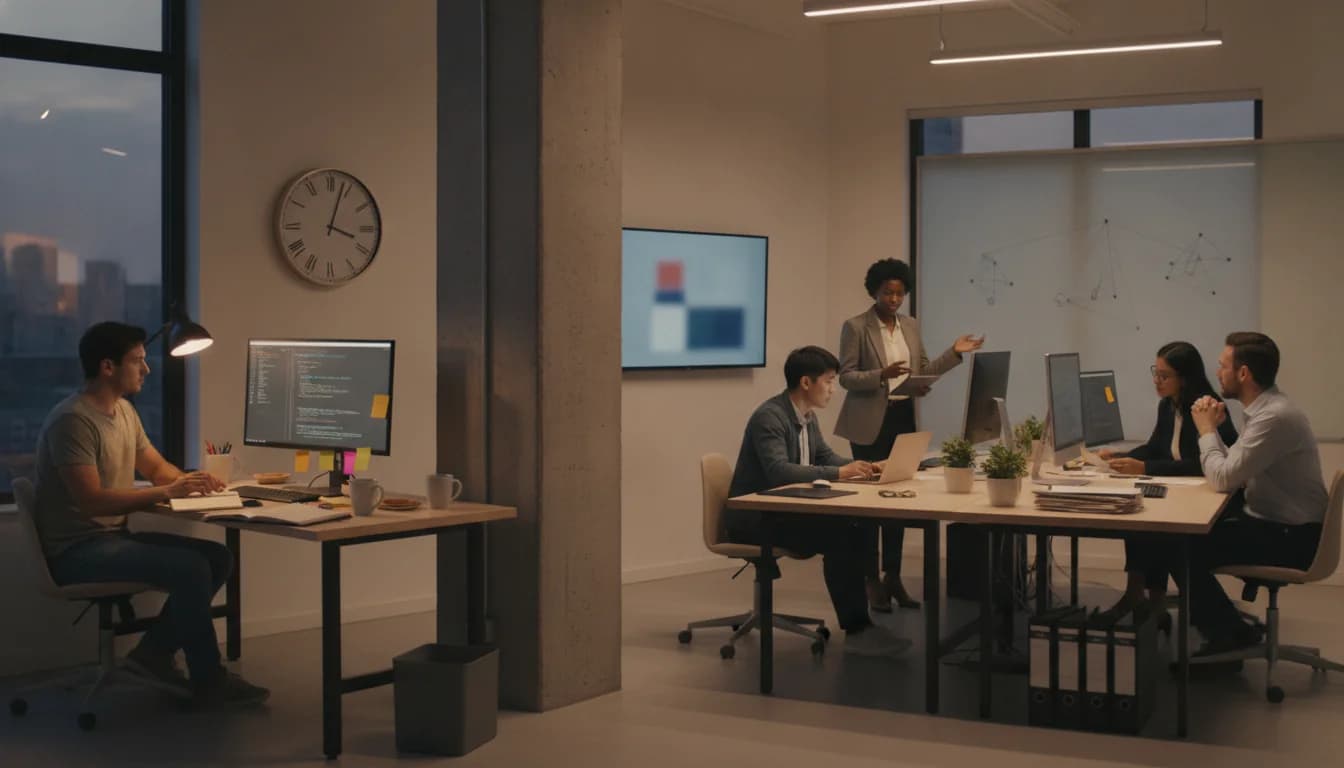 Contrasting workspaces showing a solo web developer working late at a small desk on one side and a small team collaborating in a bright agency office on the other, illustrating the difference between freelancer and agency web development.